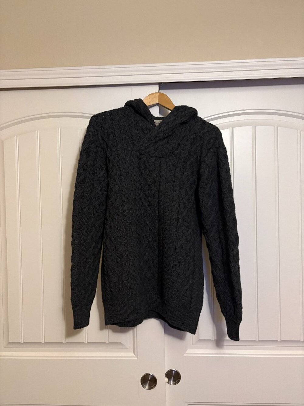 Aran Crafts Cable Knit Sweater Dark Gray Medium 100% Merino Wool Hooded Ireland